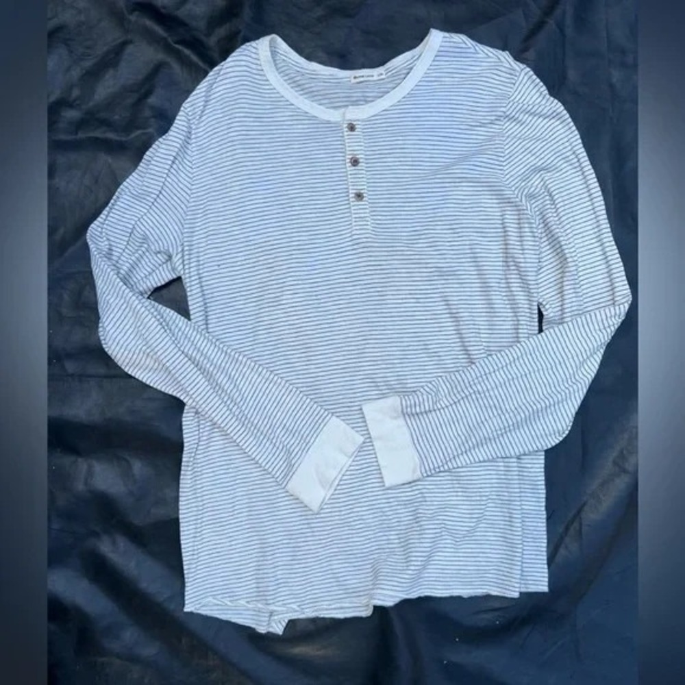 Marine Layer Men's Long-Sleeve White & Navy Stripe Henley Button Down Shirt